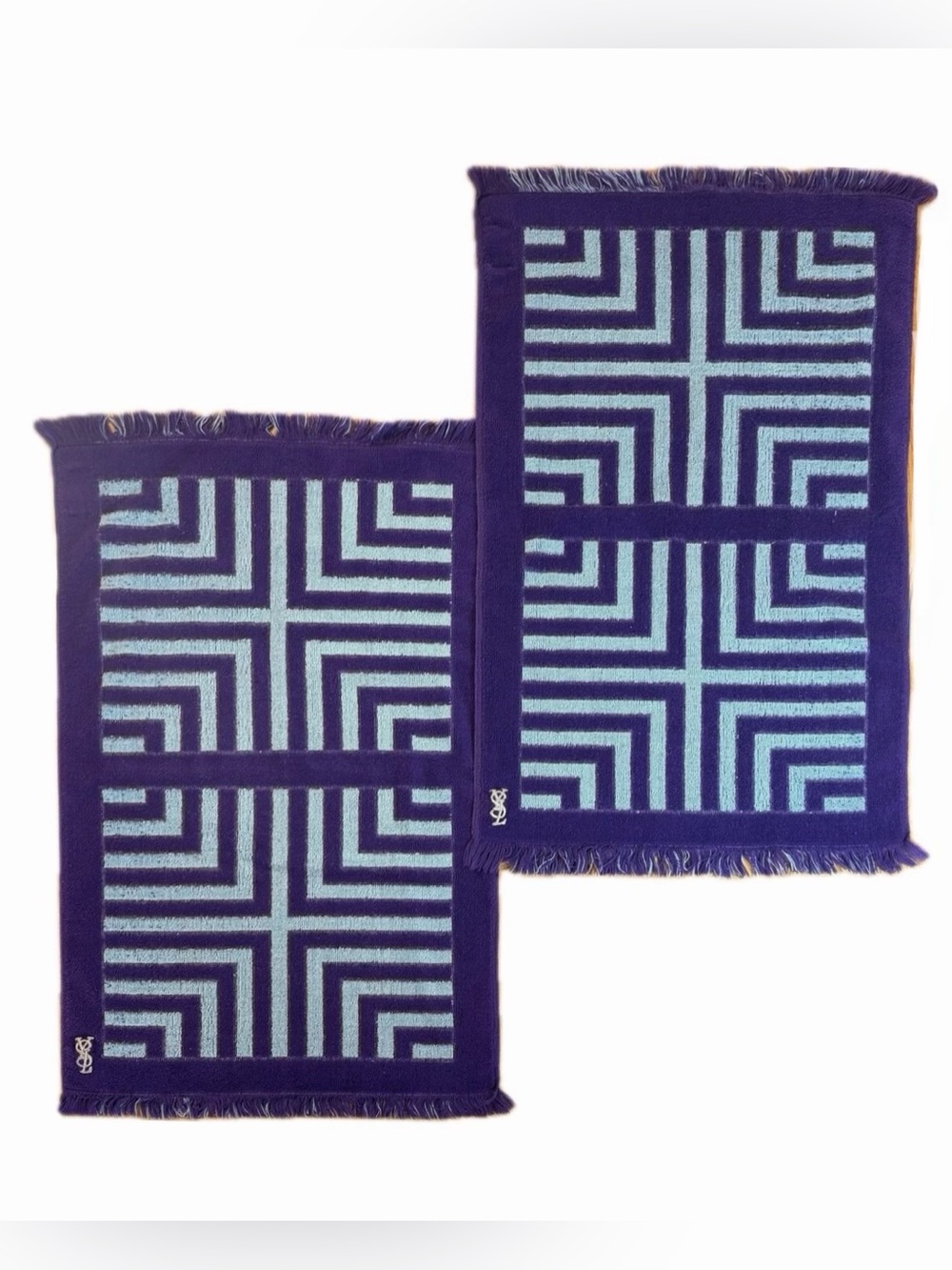 Vtg YSL Yves Saint Laurent Fieldcrest Hand Towel Set 2 FringePurple/Teal Stripe